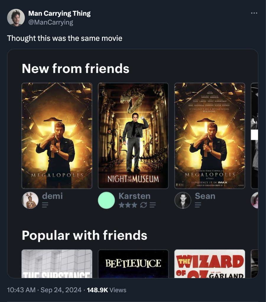 screenshot - Man Carrying Thing Thought this was the same movie New from friends Megalopolis Megalopolis Night Museum demi Karsten 0 Sean Popular with friends The Sunstruce Beetlejuice Wizard Of Garland Views